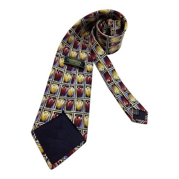 DORMEUIL Yellow Burgundy Floral Silk Tie HandMade Italy 59"/ 3.9" EC - Picture 3 of 5